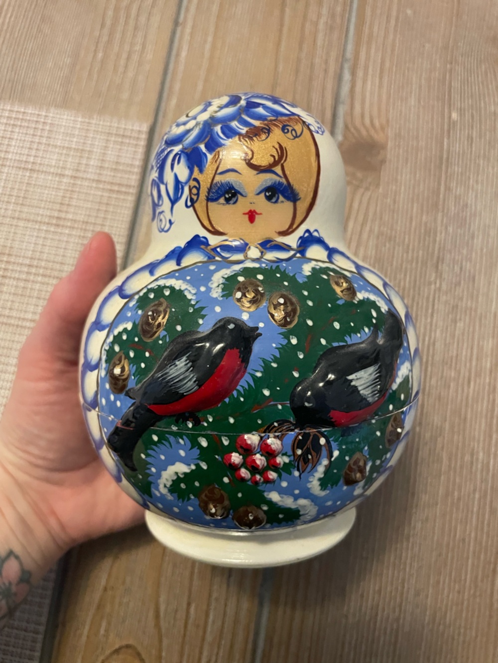 Hand-Painted Matryoshka Style Nesting Doll with Bullfinch Motif